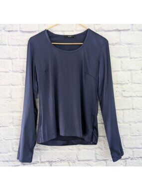 Etro Silk Satin Long Sleeve Blouse 44 US 8 Navy Blue Designer Italy Cocktail